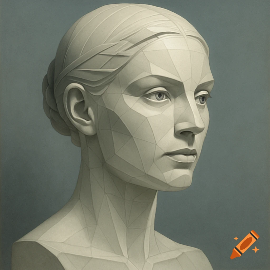 Geometric bust of a woman with polygonal facets, looking right against a blue-gray background, in a sculptural style.