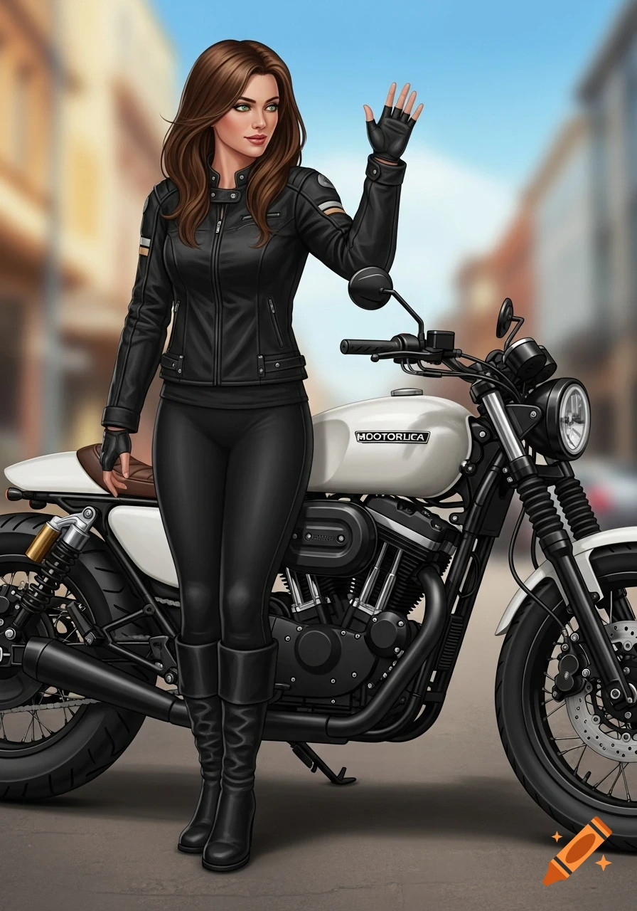 Illustration of a woman with long brown hair, green eyes, wearing a black leather jacket and leggings, waving next to a white custom motorbike.