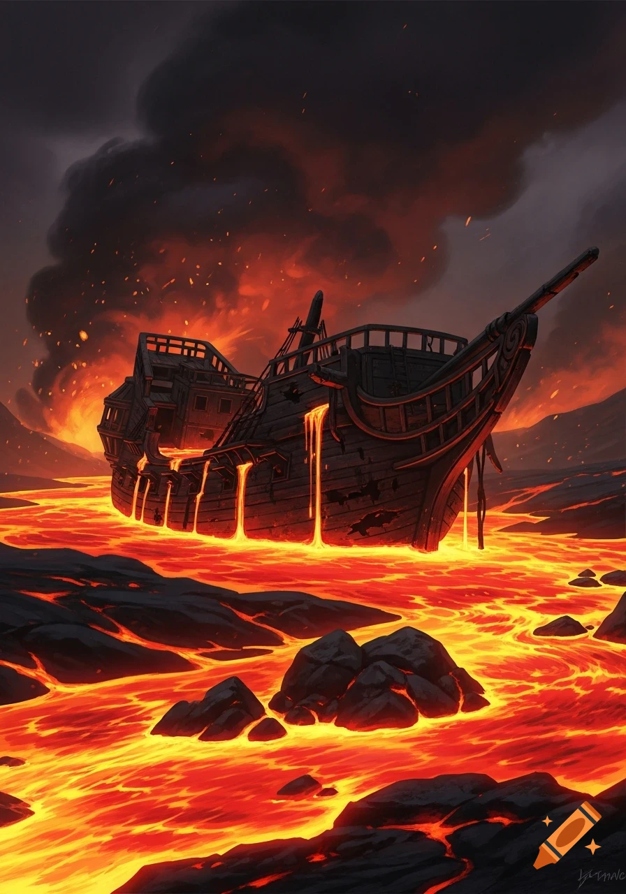 A dark, wooden shipwreck floats in a vibrant river of orange and yellow lava under a dark, smoke-filled sky in a fantasy art style.