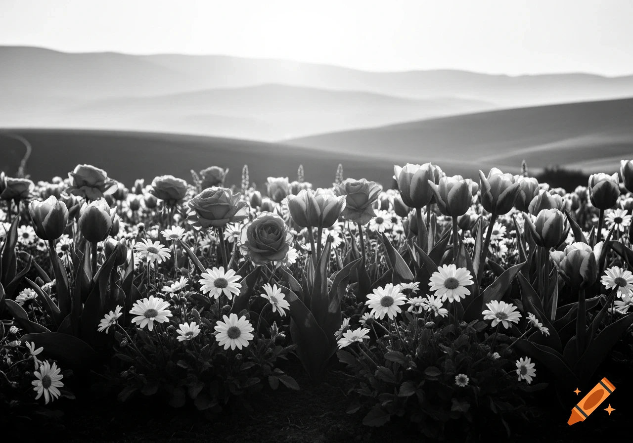 A black and white photograph of a field of various flowers including tulips, daisies, and roses, with rolling hills in the background.