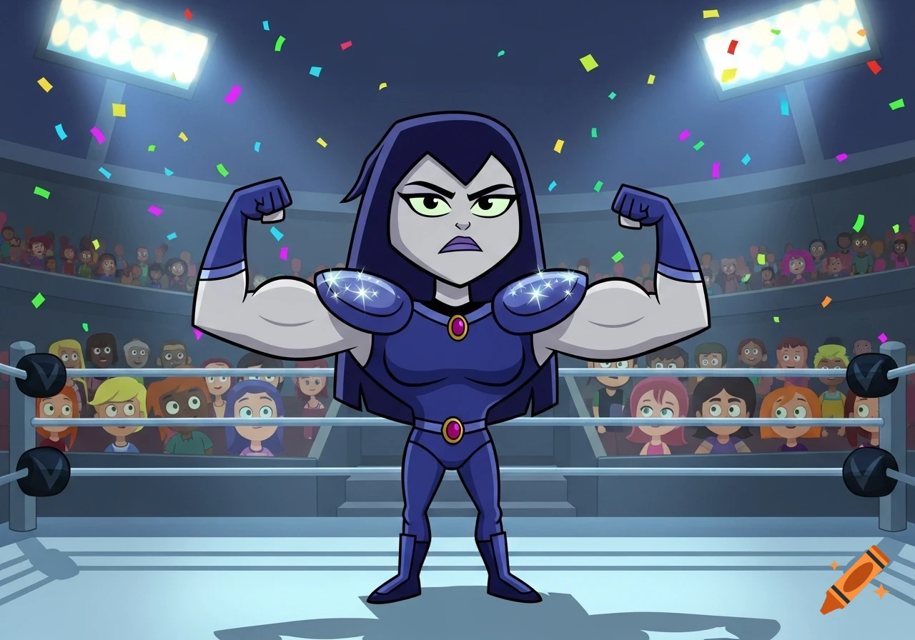 Cartoon Raven from Teen Titans, with grey skin and long dark hair, sternly flexes her biceps in a dark blue uniform in a wrestling arena with confetti.