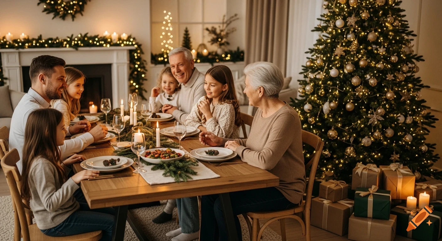 A multi-generational family smiles while enjoying a Christmas dinner around a decorated table in a cozy, festive home.