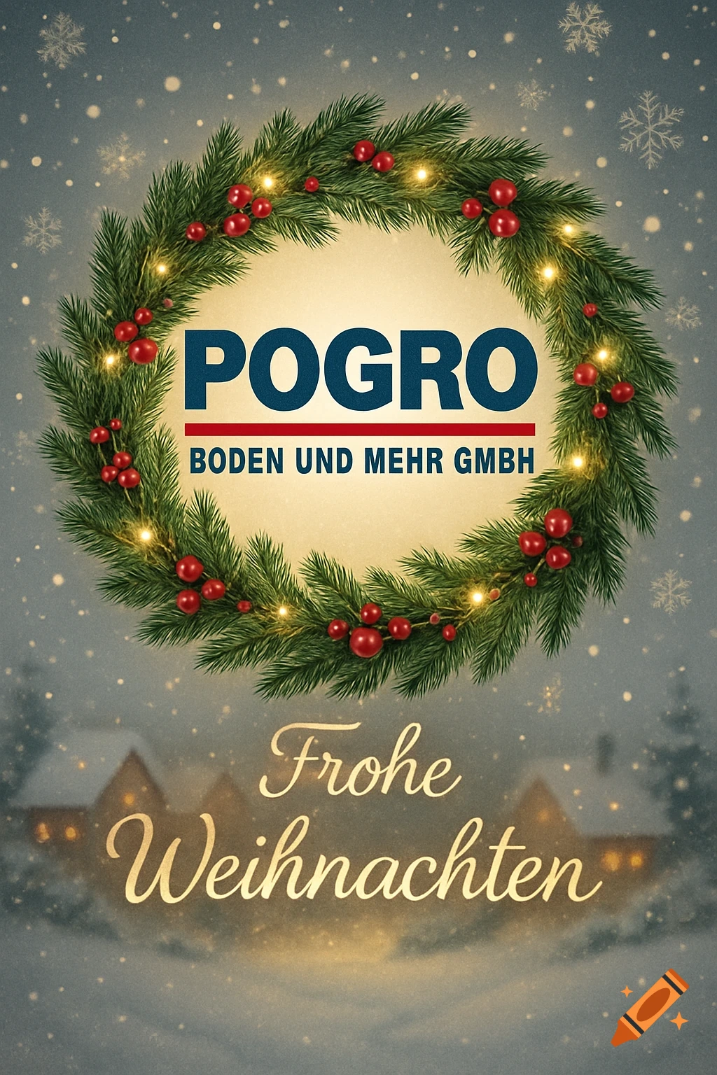 A Christmas wreath with red berries and lights, surrounding "POGRO BODEN UND MEHR GMBH", above "Frohe Weihnachten" and a snowy village.