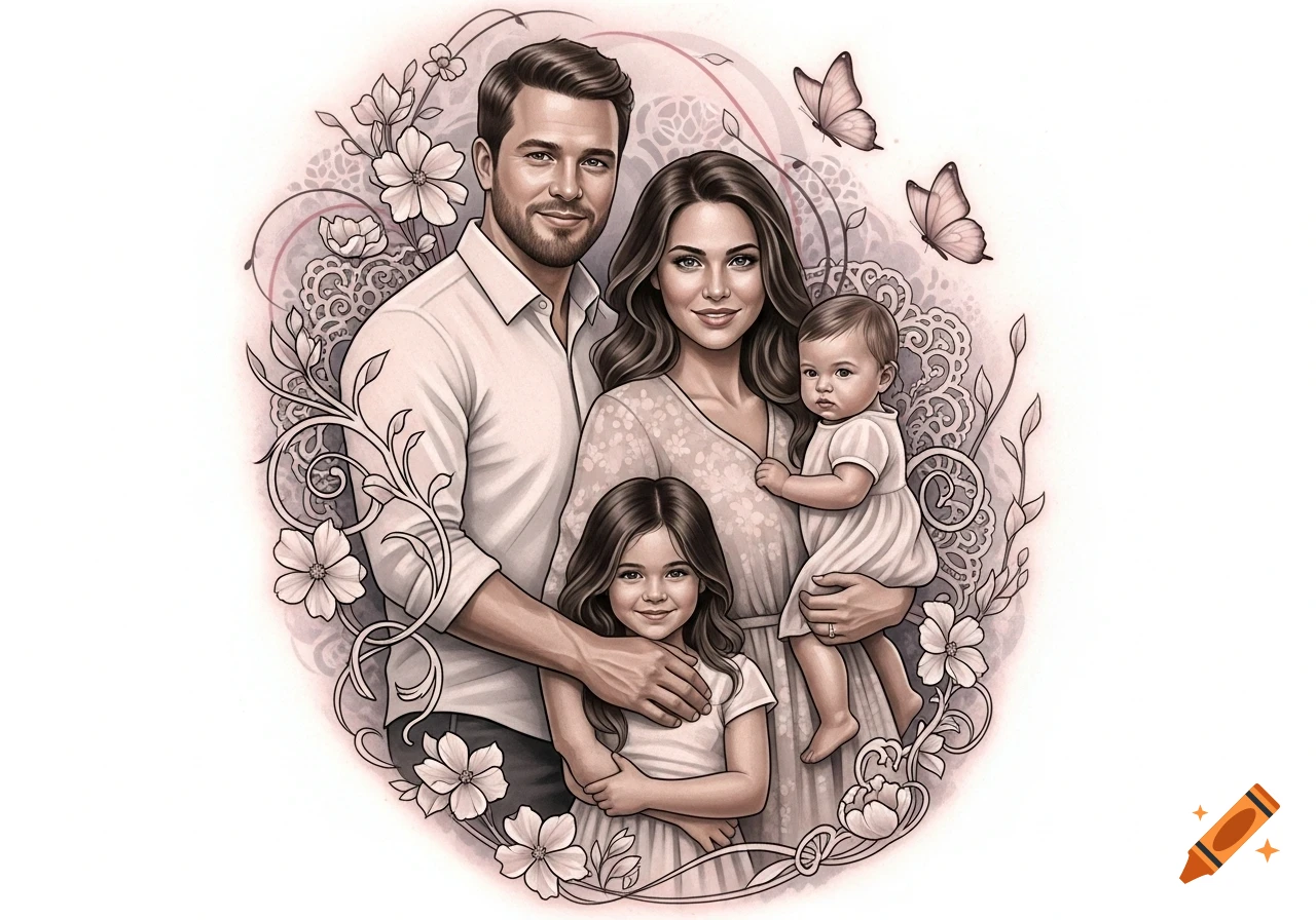 Stylized illustration of a family of four, including parents, a young girl, and a baby, framed by delicate floral and butterfly motifs.