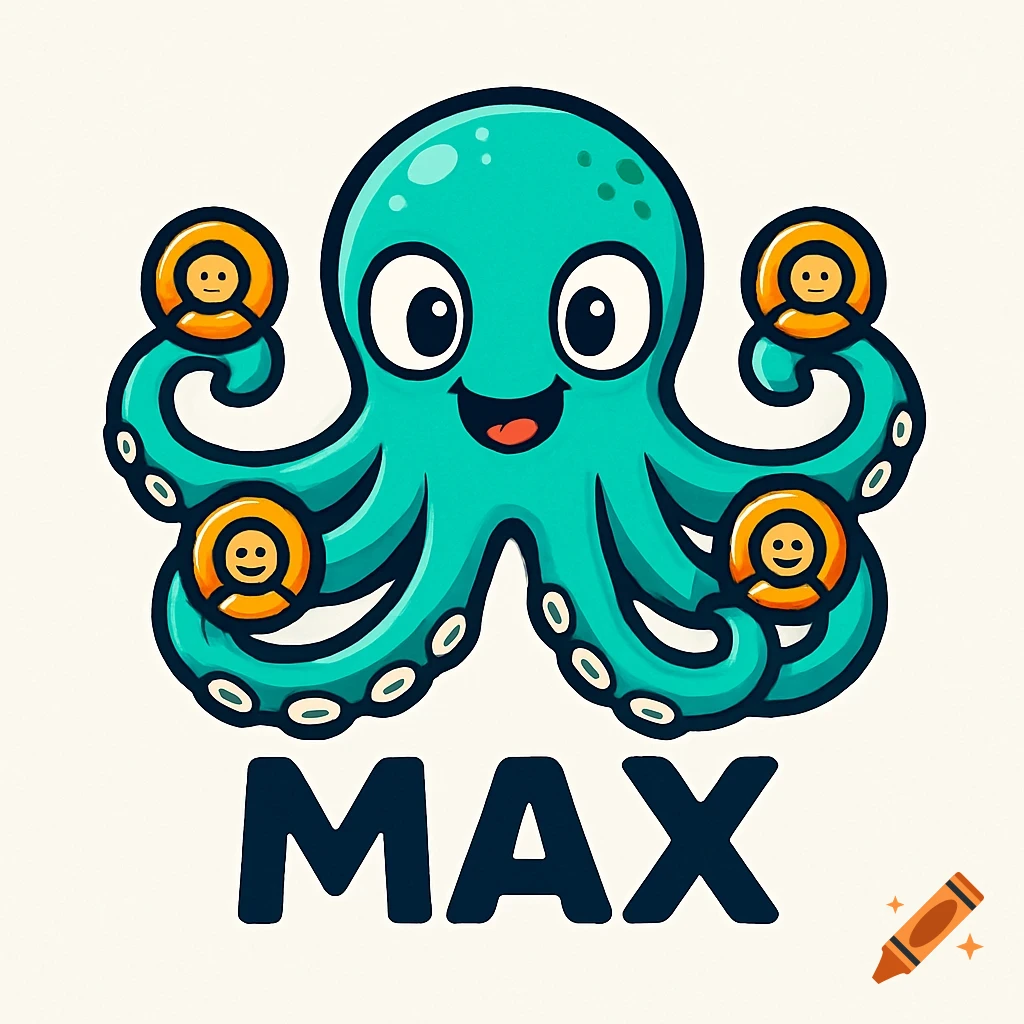 A vibrant cartoon logo of a teal octopus with a happy face, holding four orange user profile icons on its tentacles, above the dark blue word MAX.