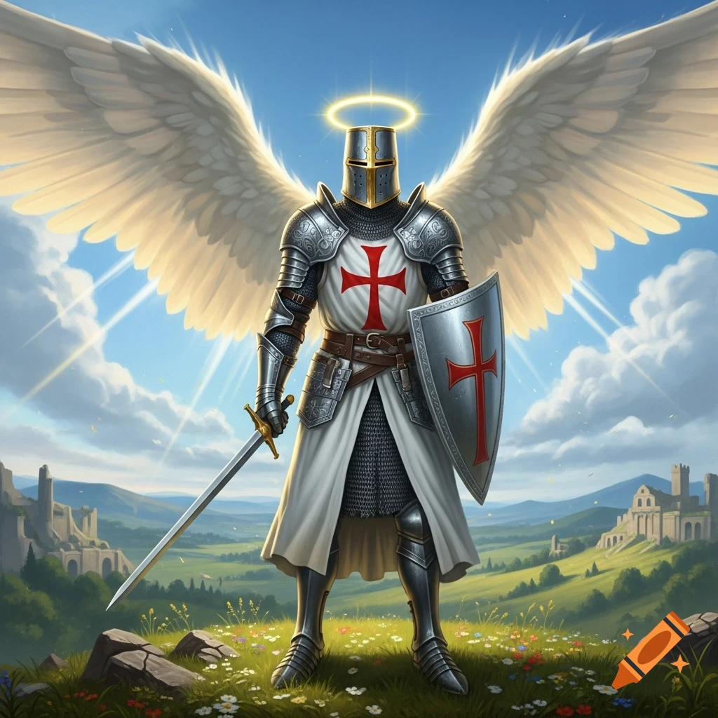 A majestic Templar knight with gleaming armor, angel wings, and a halo, stands in a sunny, green field with castles.