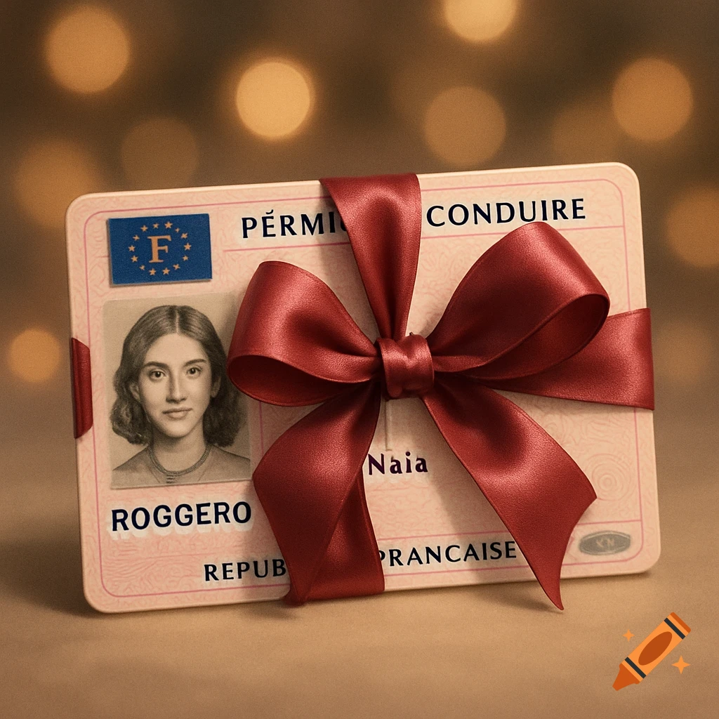 A French driving license for 'Naia Roggero' wrapped with a red satin ribbon, presented as a gift, against a bokeh background.