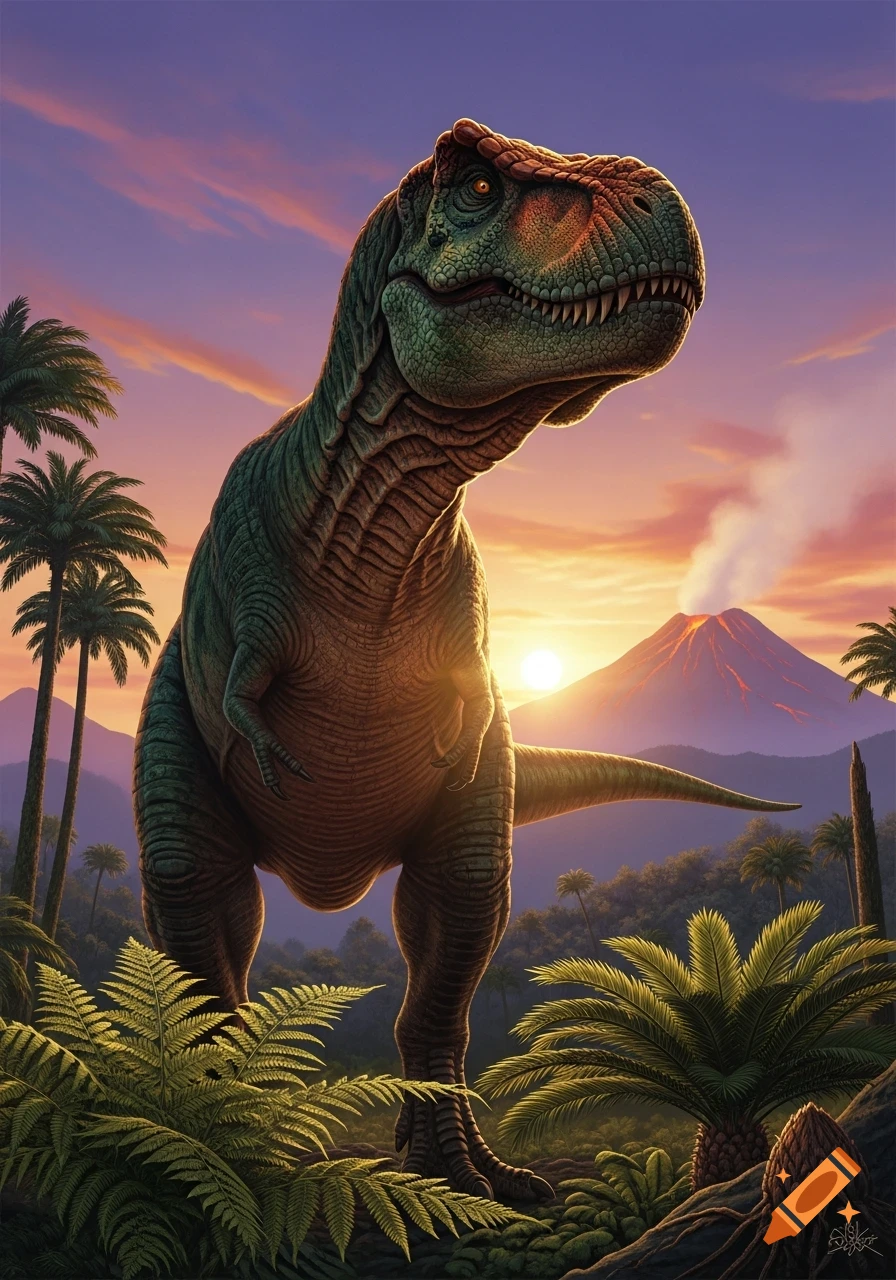 A powerful T-Rex stands amidst lush prehistoric foliage and palm trees, silhouetted against a vibrant sunset with an erupting volcano.