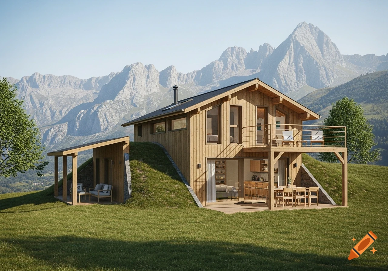 Photorealistic wooden cabin integrated into a grassy hillside, with a balcony and patio, set against majestic mountains.