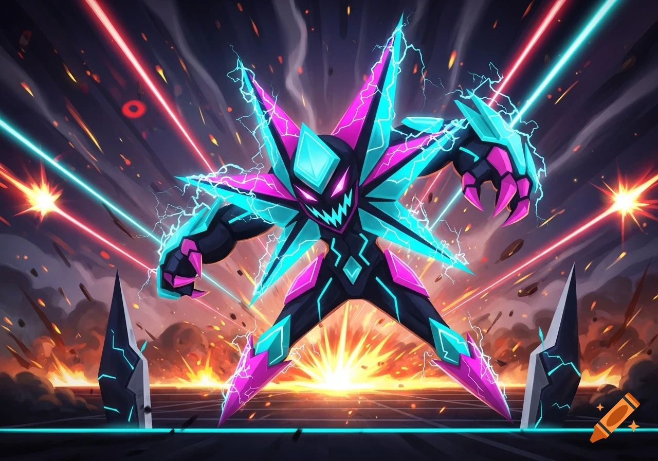 A stylized black, pink, and cyan spiky monster with glowing eyes and lightning stands amidst explosions and neon lasers on a grid.