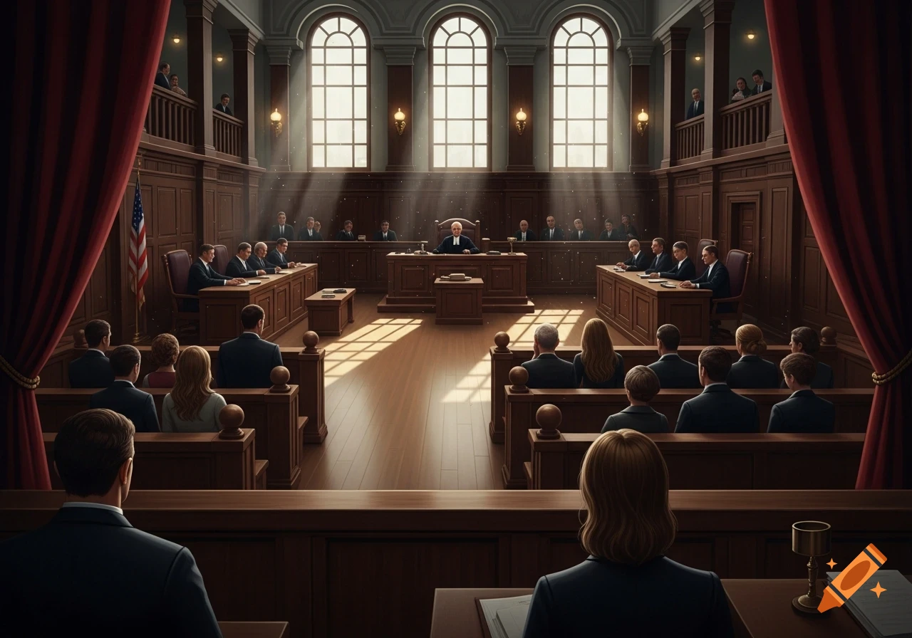 Photorealistic image of a courtroom from the jury box view, with a judge, attorneys, and audience under sunlit windows.