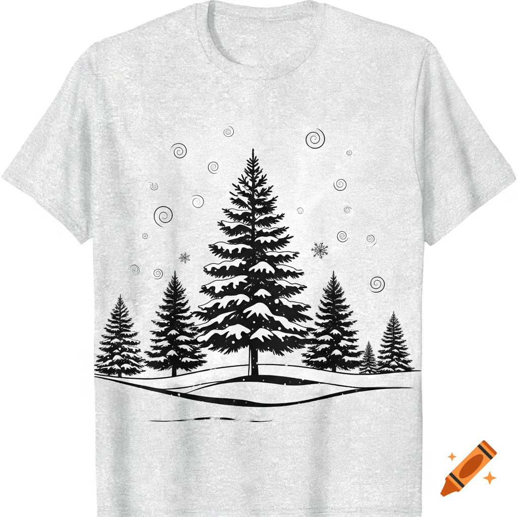 Grey t-shirt with a black and white minimalist winter landscape design, featuring snow-covered pine trees and swirling snow.