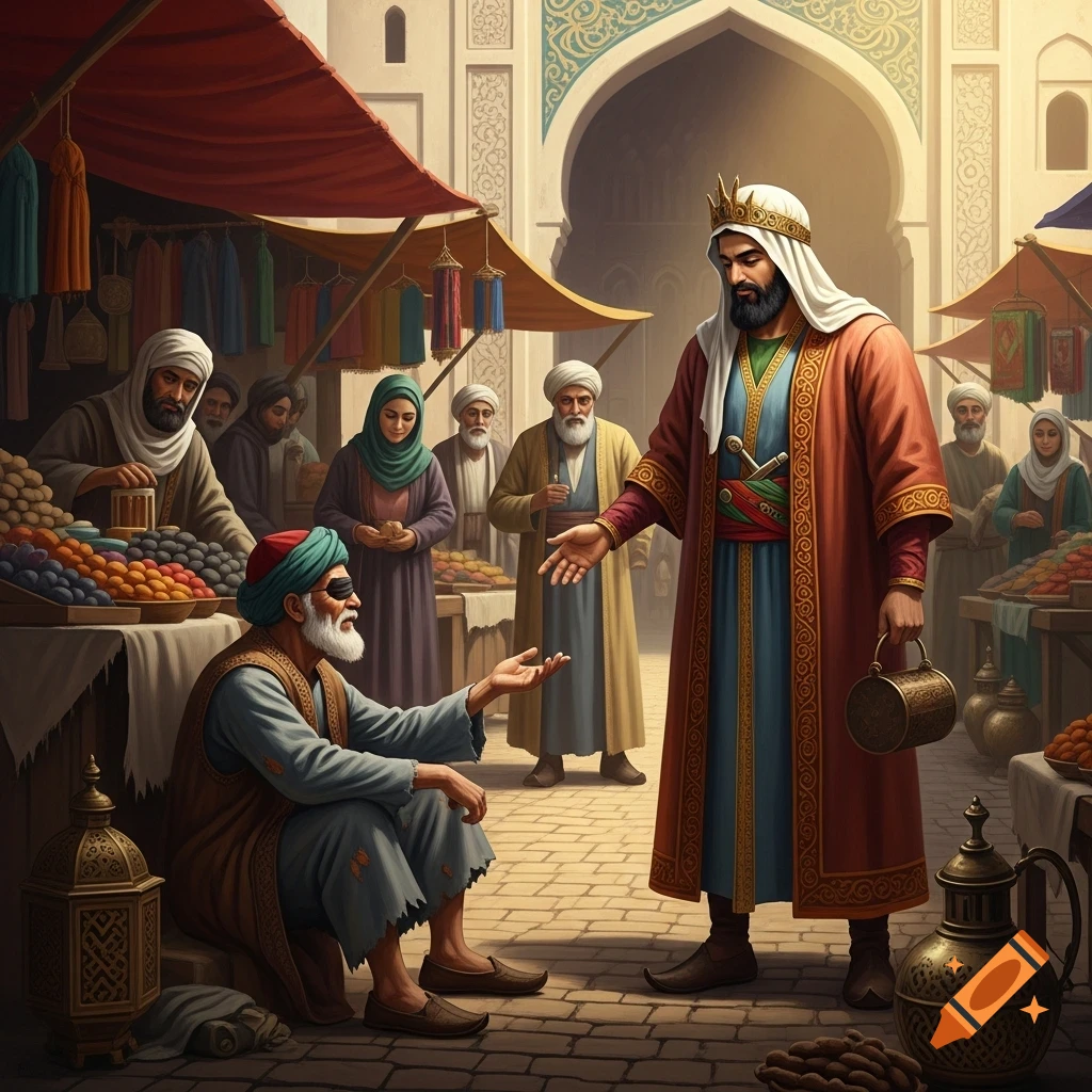 A robed man with a crown interacts with a blindfolded man in a detailed historical Middle Eastern marketplace scene.