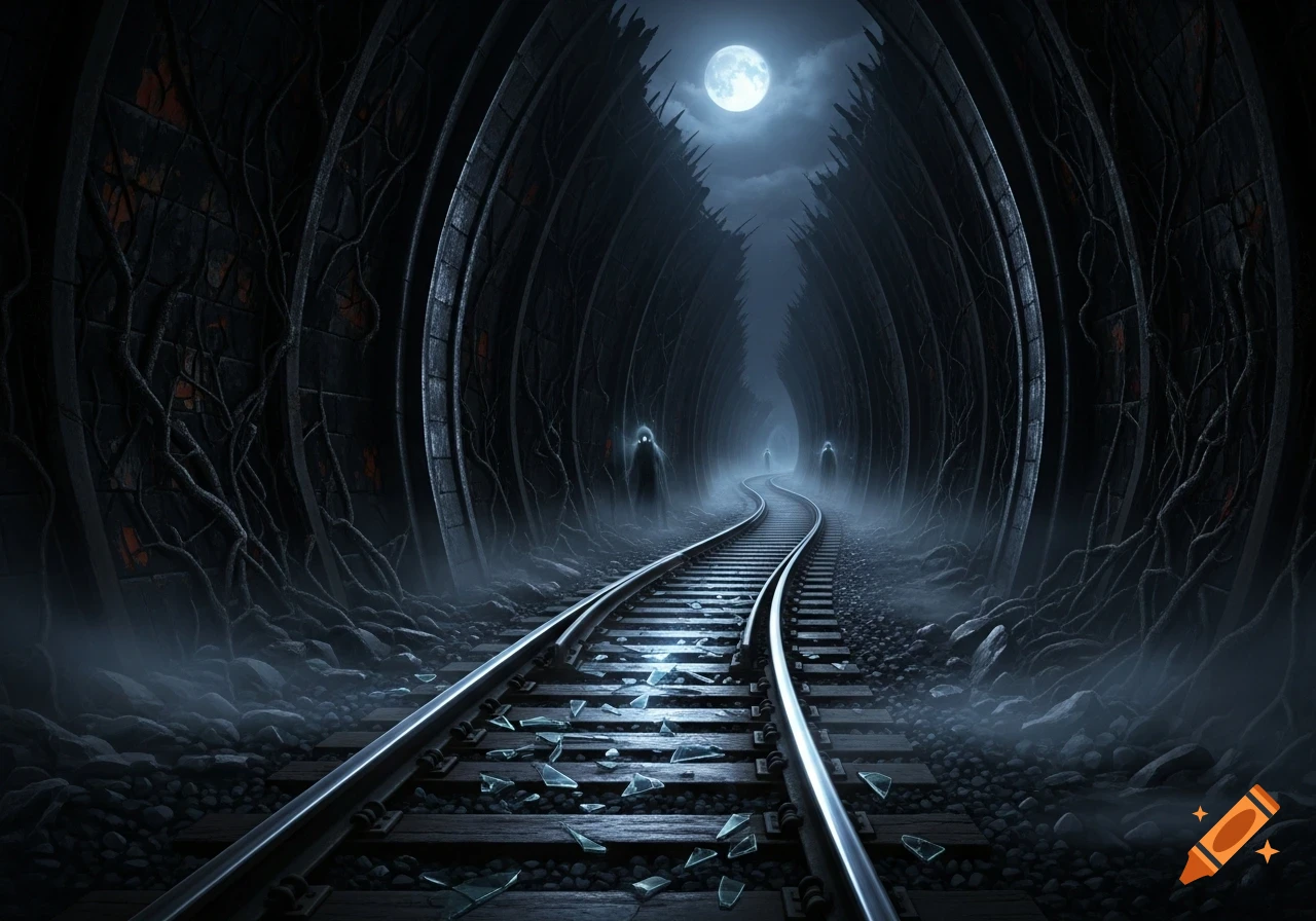 A dark, eerie railway track curves through a foggy, tunnel-like structure with shadowy figures under a full moon, in a gothic style.