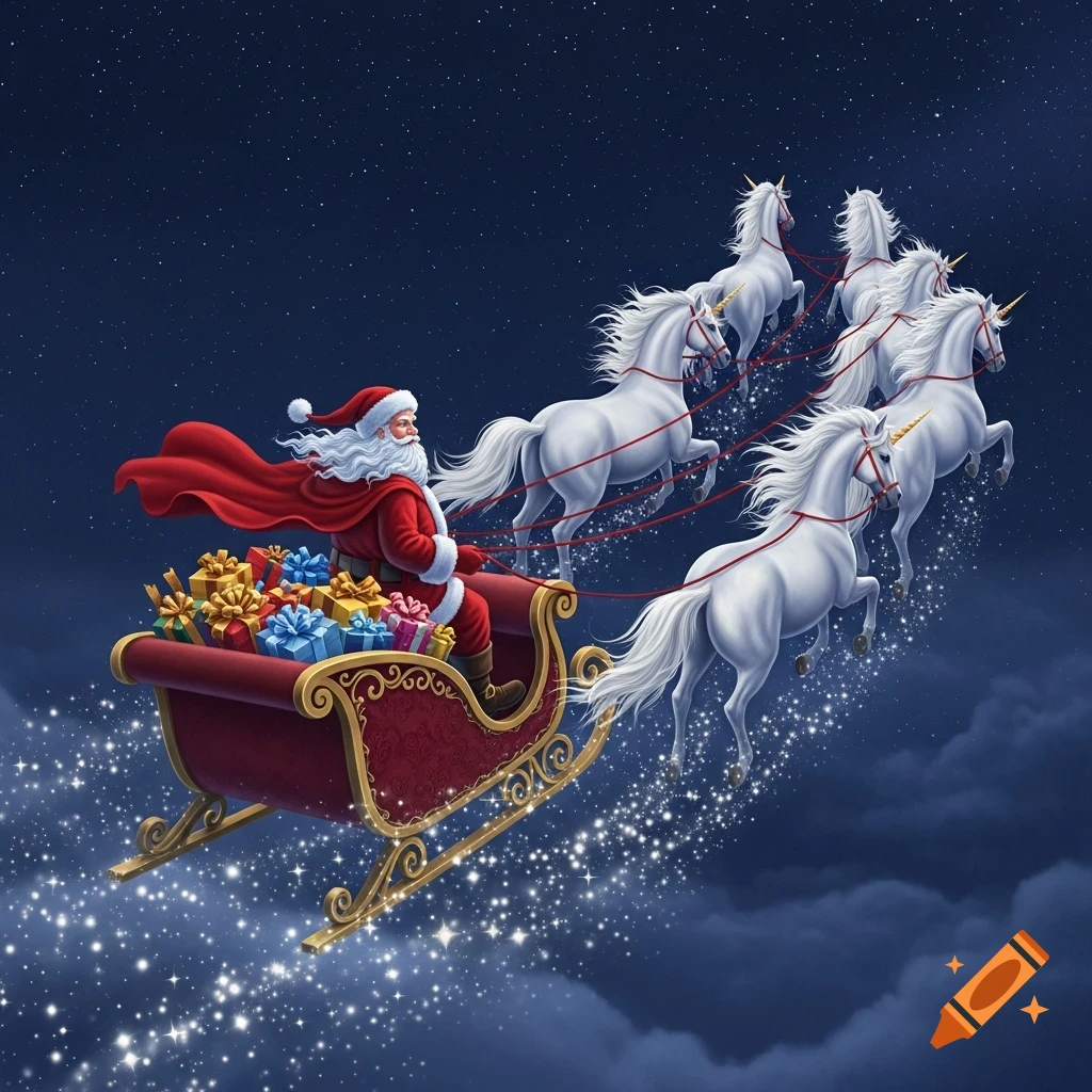 Santa Claus in a red suit flies through a starry night sky in a sleigh filled with gifts, pulled by six white unicorns.
