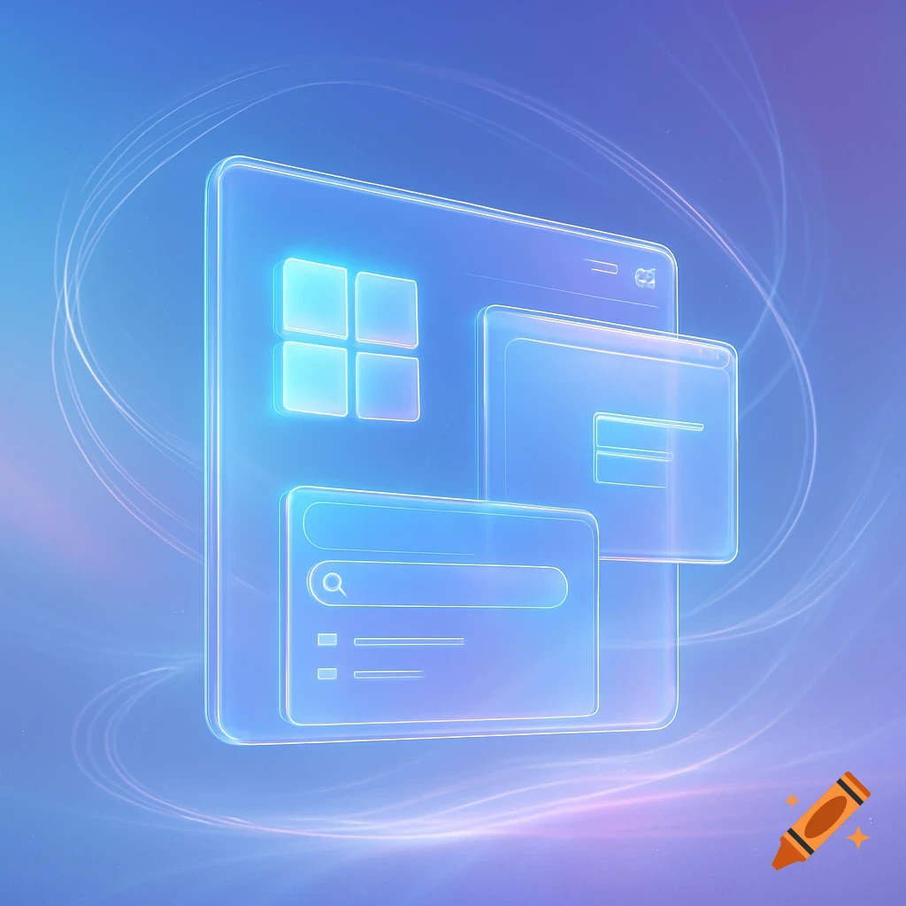 Glowing, translucent blue and purple abstract computer windows with UI elements like a search bar and a four-square logo, on a gradient background with light trails.