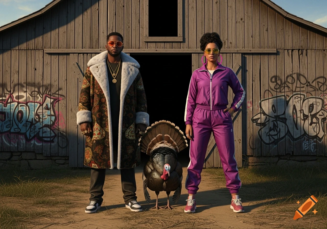 A man in a fur-lined patterned coat and a woman in a purple tracksuit stand with a turkey in front of a weathered wooden barn with graffiti.