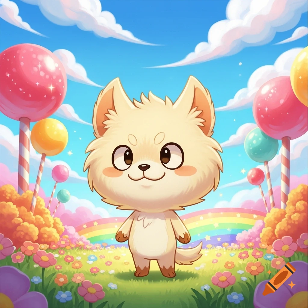 A fluffy, cream-colored cartoon creature smiles in a whimsical field with colorful flowers, lollipops, and a rainbow.
