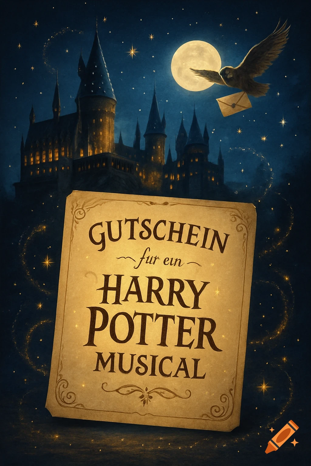 A Harry Potter-themed voucher for a musical, with Hogwarts castle, a full moon, and an owl carrying an envelope in a starry night sky.