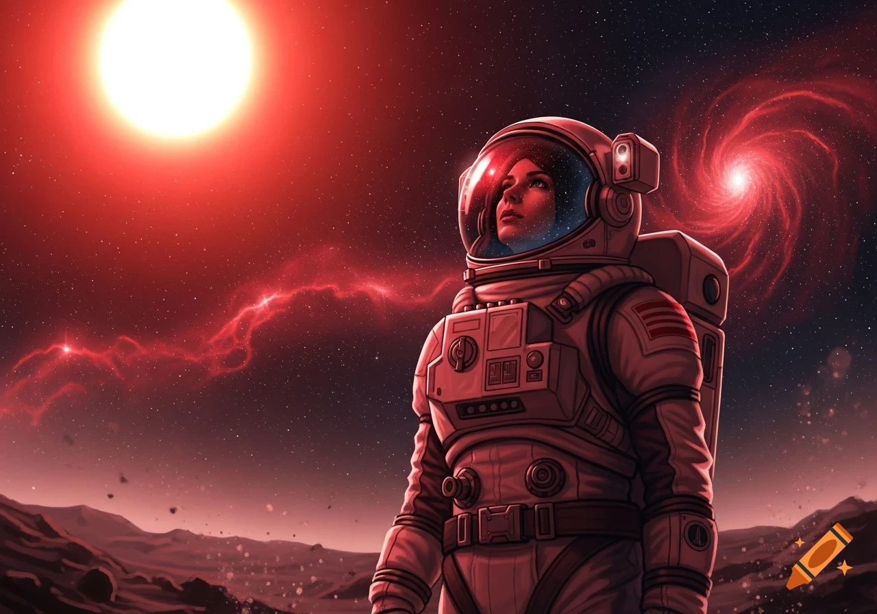 A female astronaut stands on a red planet under a bright red sun and a swirling galaxy in a starry, red-hued sky.