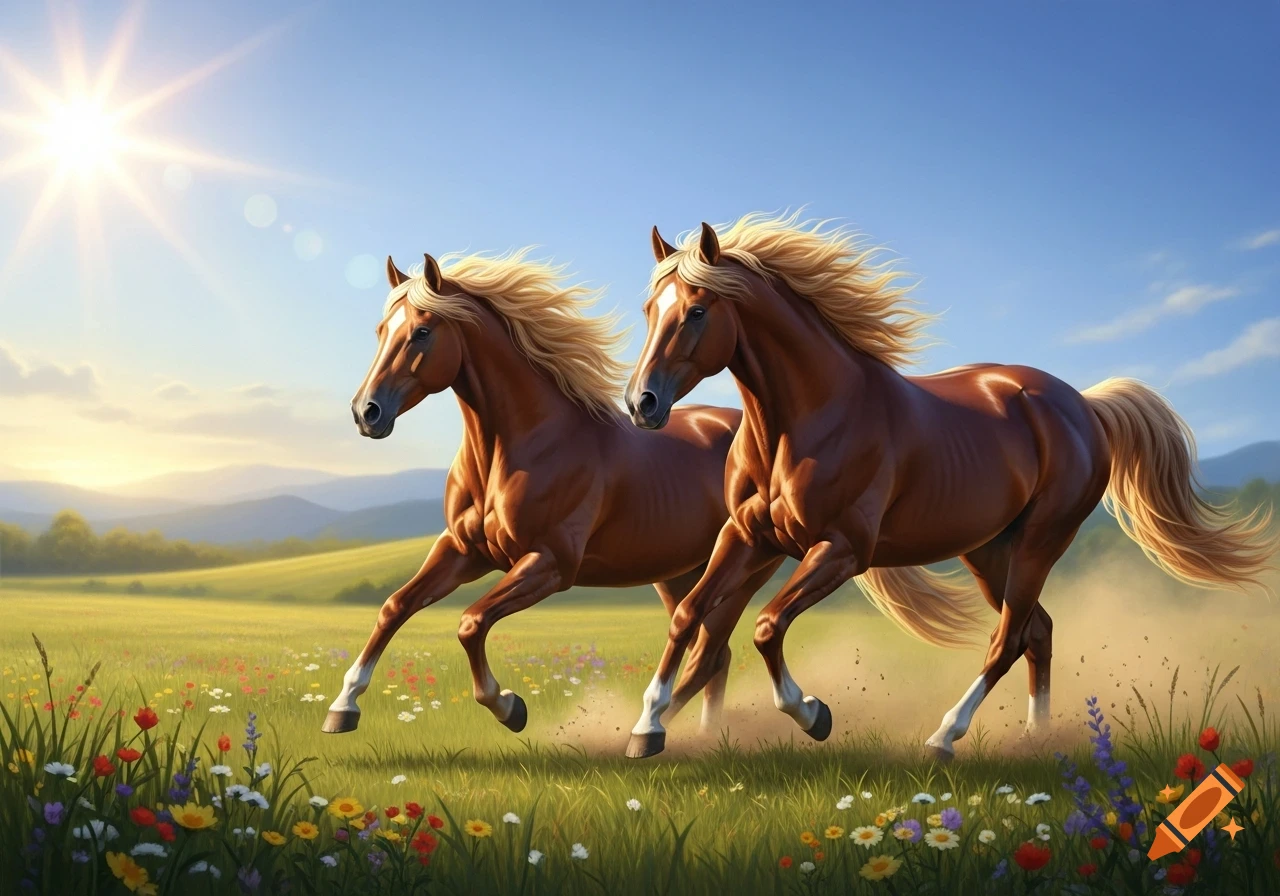 Two majestic brown horses with golden manes gallop through a sunlit ...