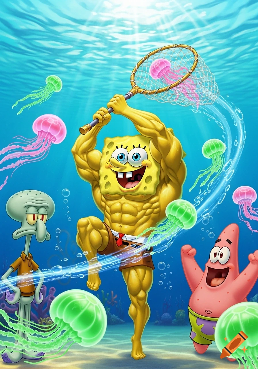 Buff SpongeBob chases jellyfish with a net underwater, while excited Patrick and unimpressed Squidward watch.