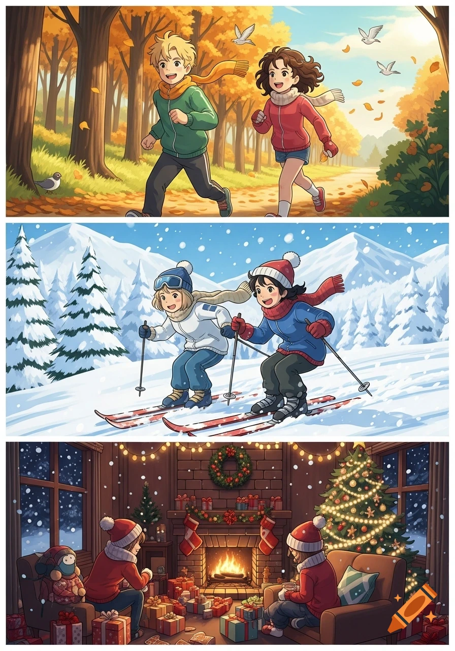 An anime-style triptych shows a blonde boy and a girl with brown curly hair jogging in autumn, skiing in winter, and celebrating Christmas indoors.