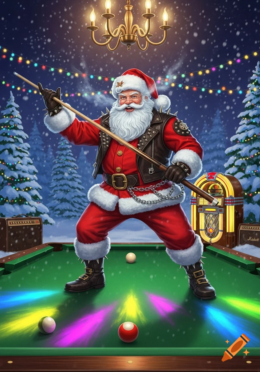 Rock and Roll Santa Claus in a leather jacket and spikes poses with a pool cue on a vibrant pool table in a snowy, festive setting.