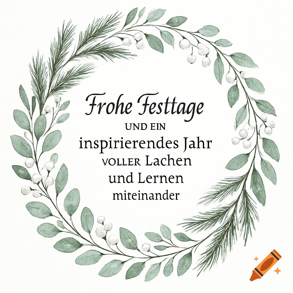 Watercolor festive wreath of fir and eucalyptus with white berries, surrounding the German text 'Frohe Festtage und ein inspirierendes Jahr'.