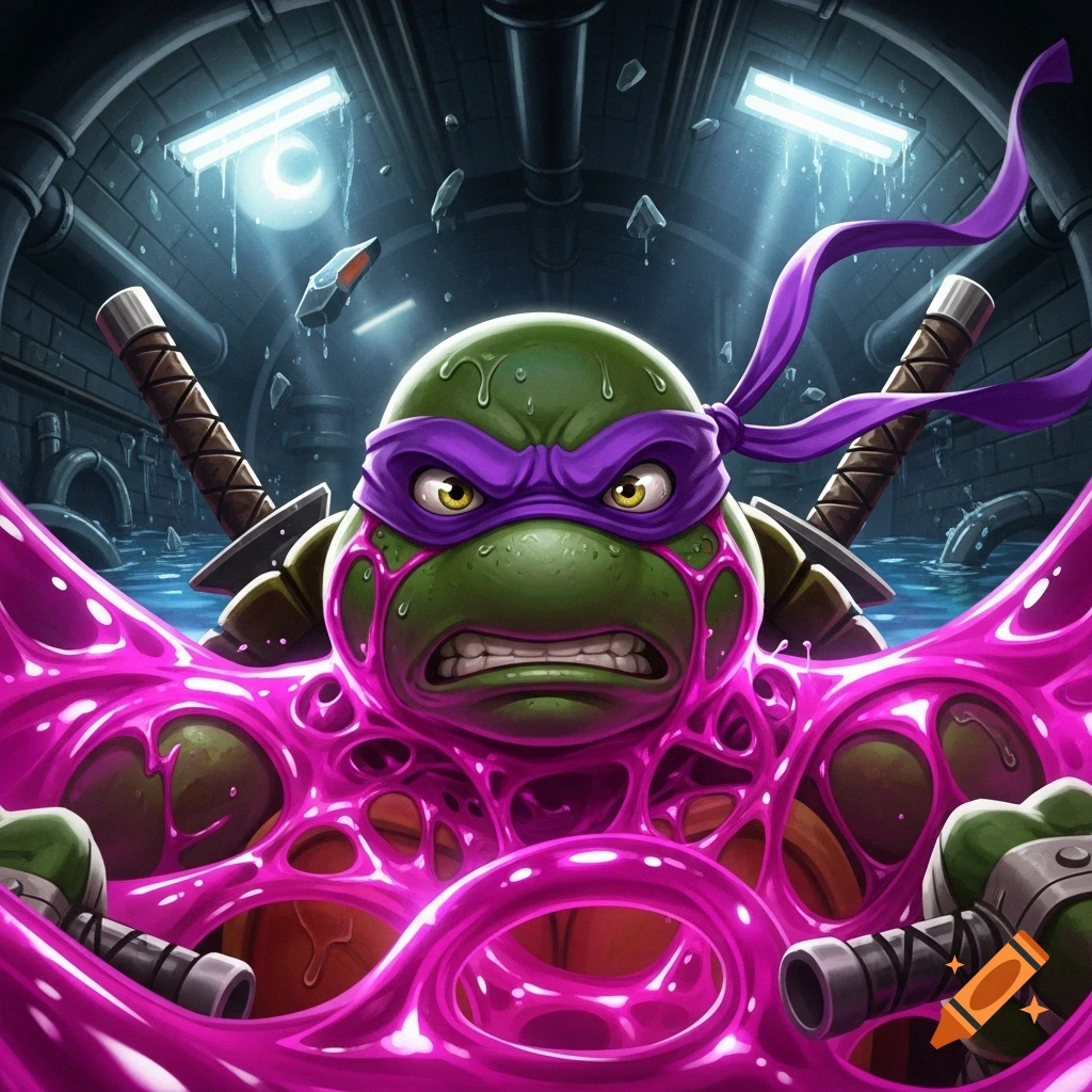 Donatello from TMNT, covered in glossy pink slime, struggles enraged in a dark sewer in a vibrant cartoon illustration.