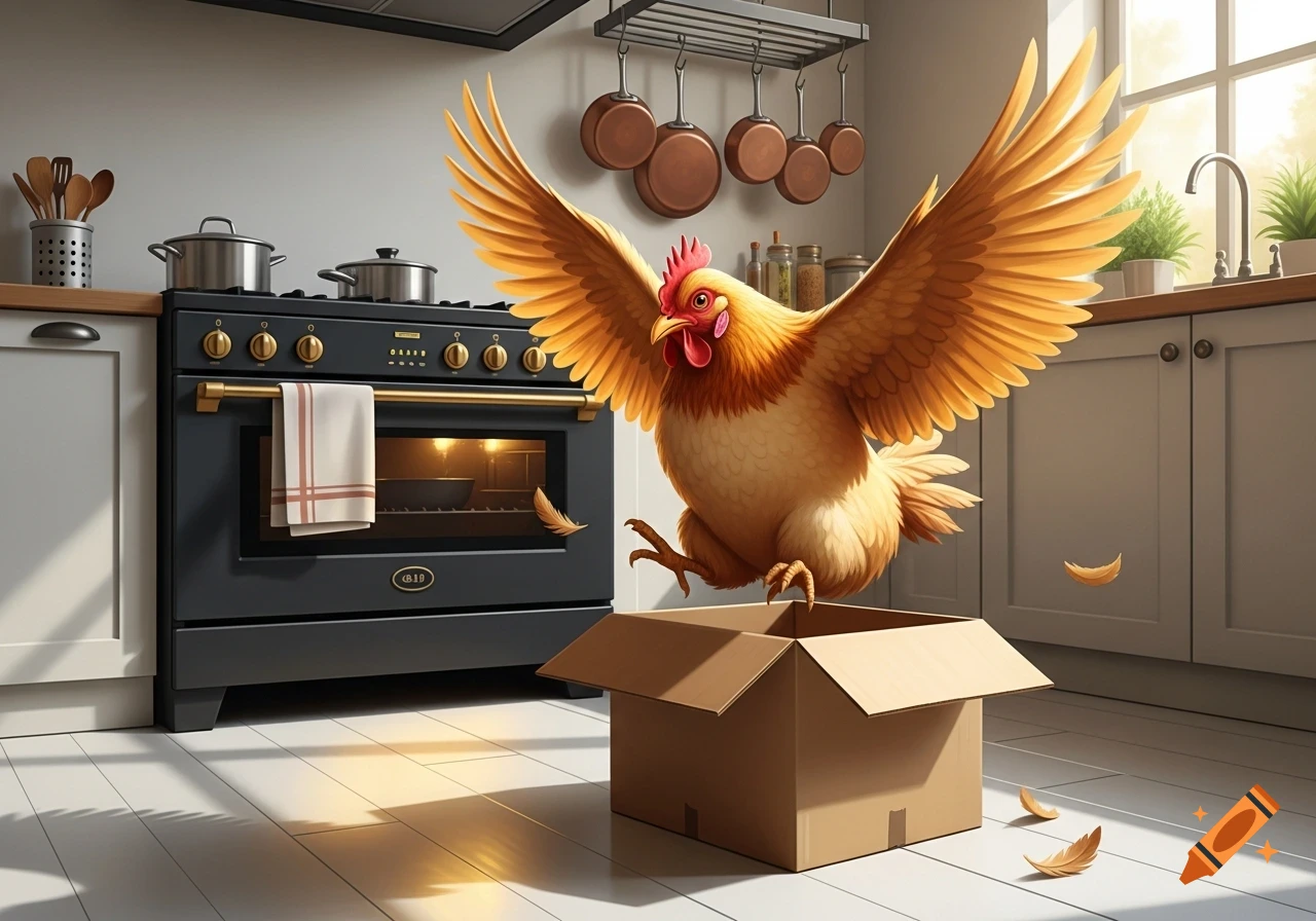 A light brown chicken with outstretched wings jumps into a cardboard box in a bright kitchen with a black stove and white tiled floor.