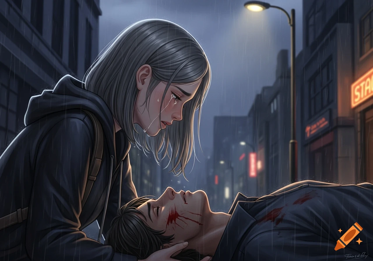 a-gray-haired-woman-cries-over-an-injured-man-lying-in-the-rain-on-a