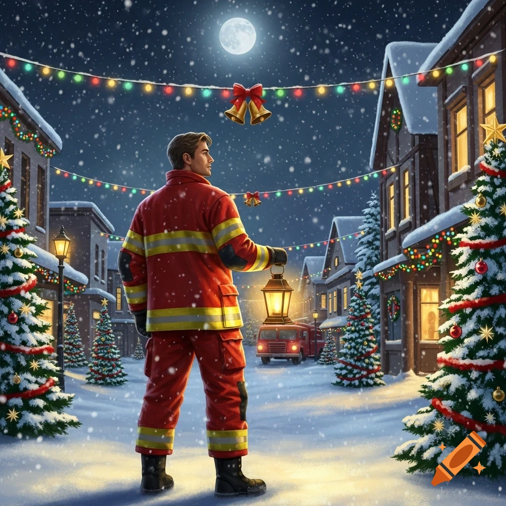 An illustration of a firefighter holding a lantern in a snowy, festive Christmas street at night.