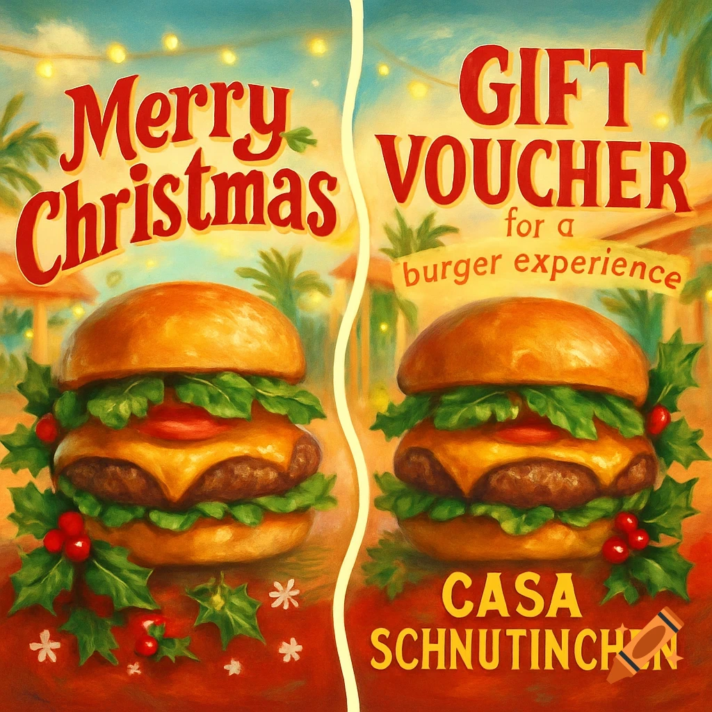 A colorful, painted Christmas burger gift voucher. Two burgers are adorned with holly, alongside text reading 'Merry Christmas' and 'GIFT VOUCHER for a burger experience' from Casa Schnutinchen.