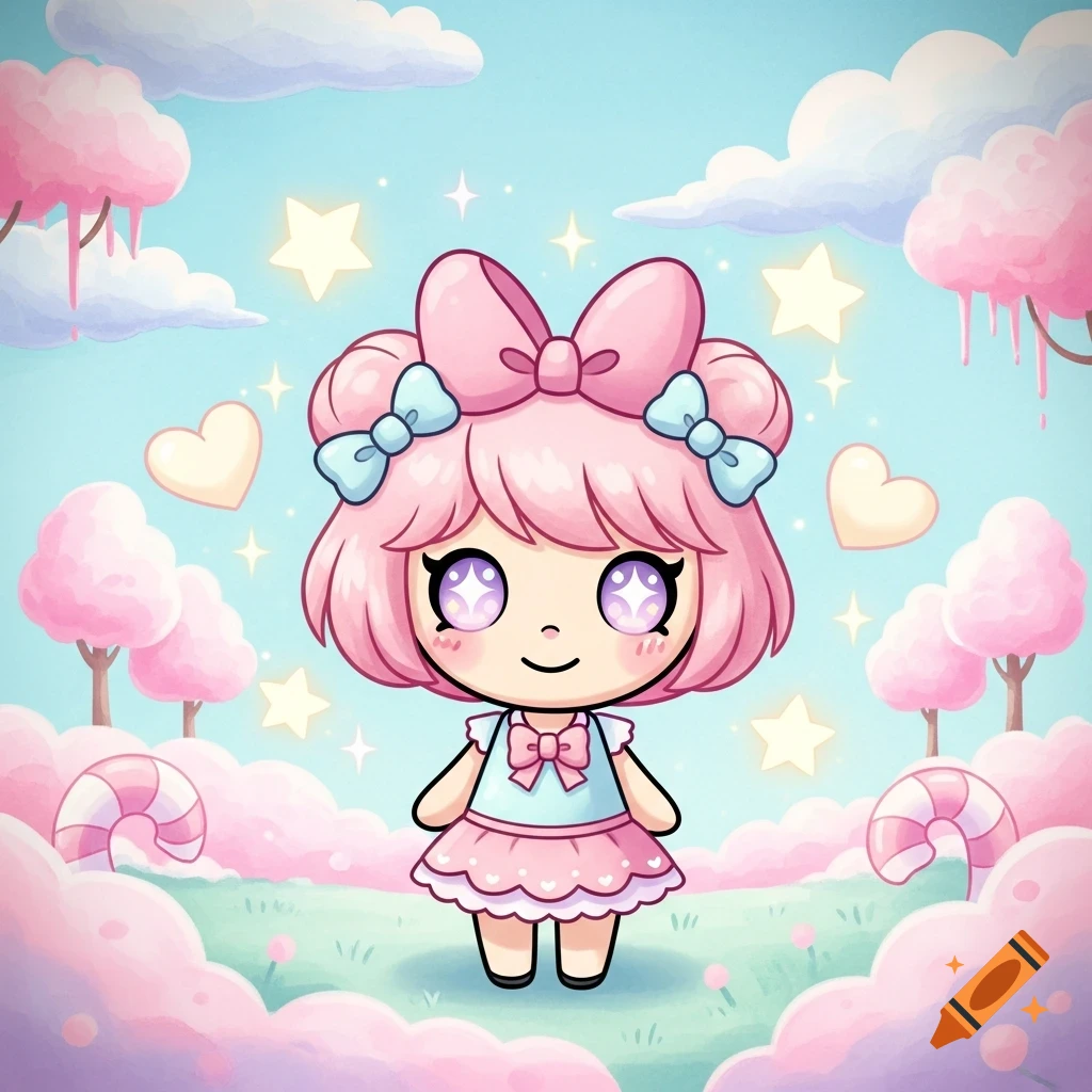 A cute kawaii anime girl with pink hair and a bow stands in a pastel candy land with cotton candy trees, hearts, and stars.