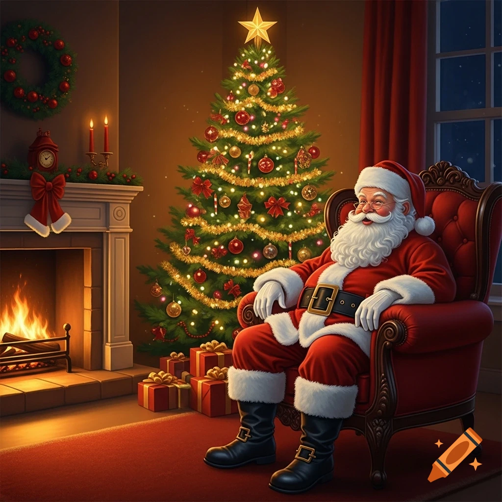 Santa Claus relaxing in a red armchair by a crackling fireplace, next to a brightly decorated Christmas tree, in a cozy room.