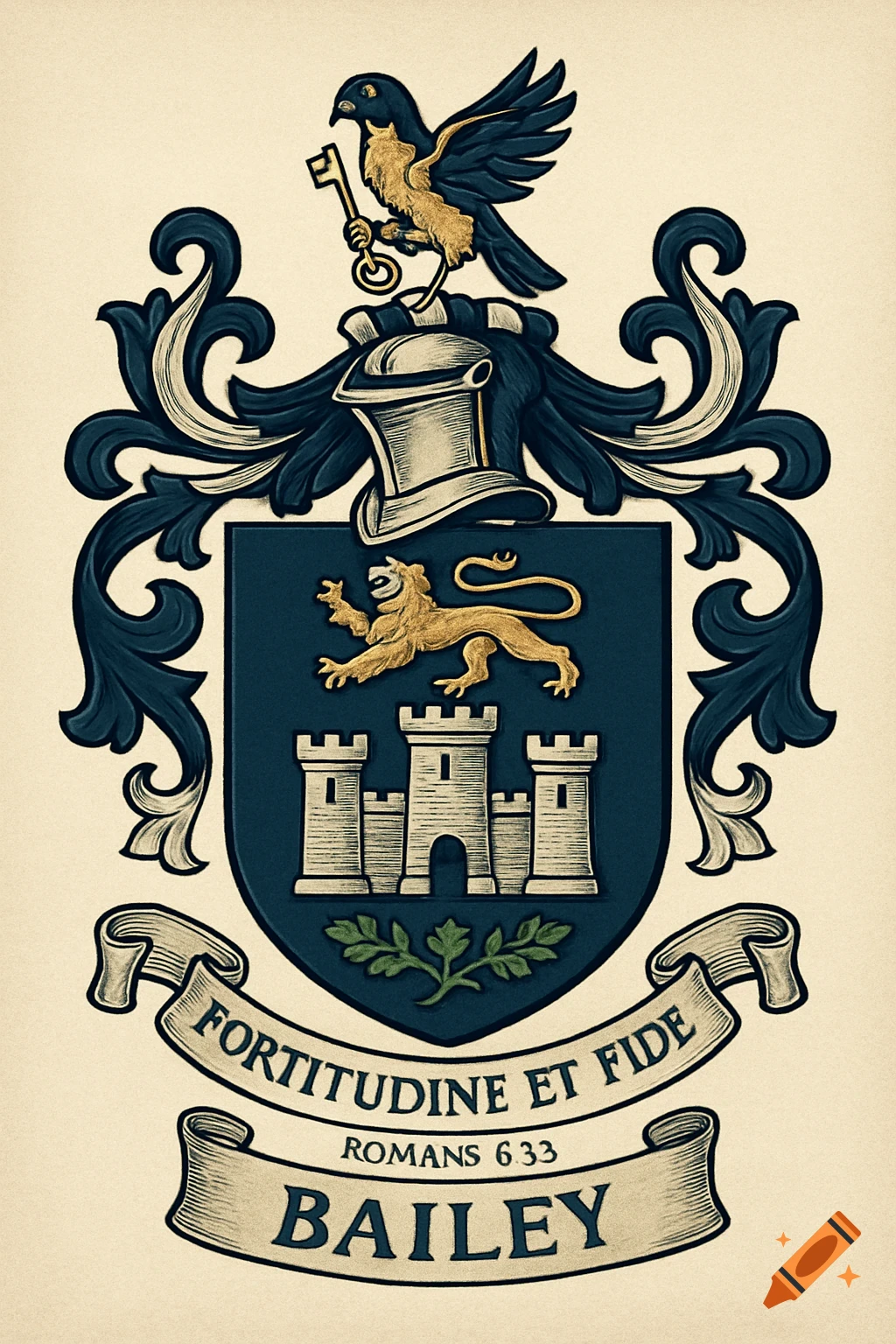 A detailed modern medieval family crest with a navy shield, gold lion, silver castle, falcon, and banners reading "BAILEY".