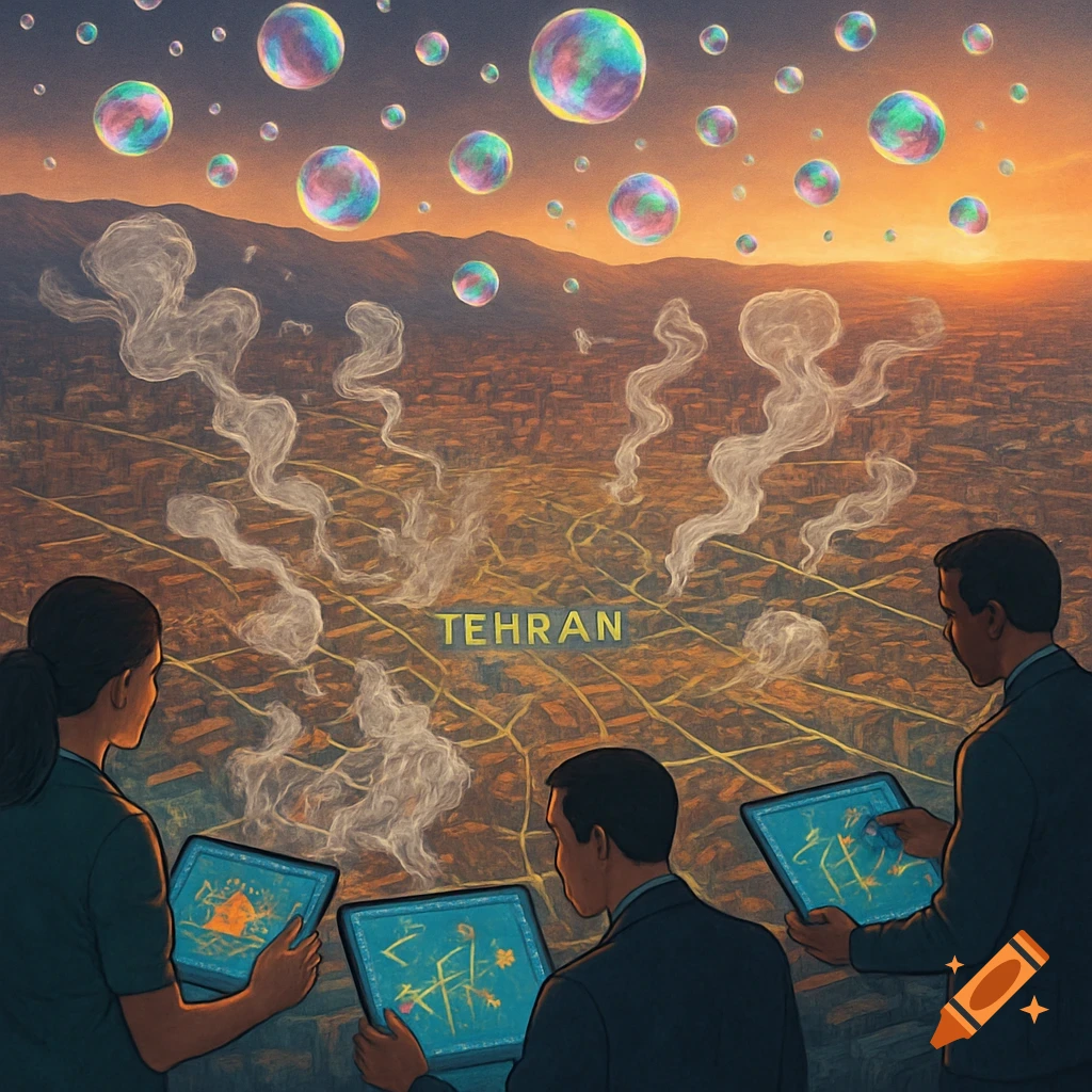 Stylized aerial view of Tehran at sunset, with three people holding glowing tablets, observing smoke and colorful bubbles rising above the city.