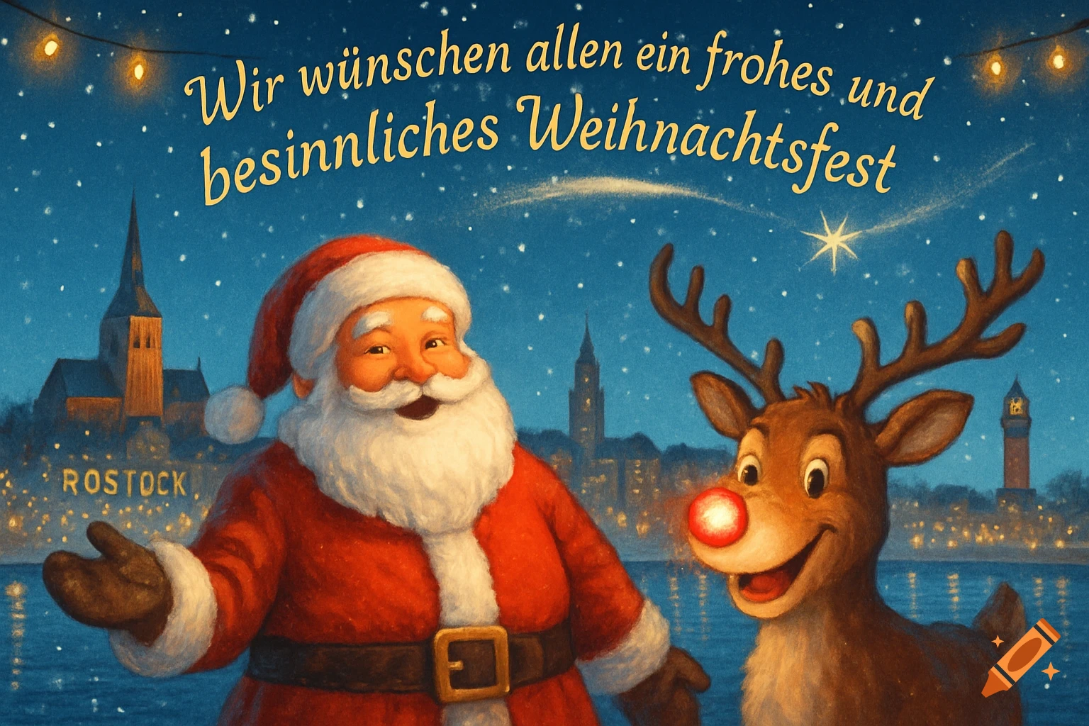Santa Claus and Rudolph the Red-Nosed Reindeer stand by the Rostock skyline at night, with a German Christmas greeting above.