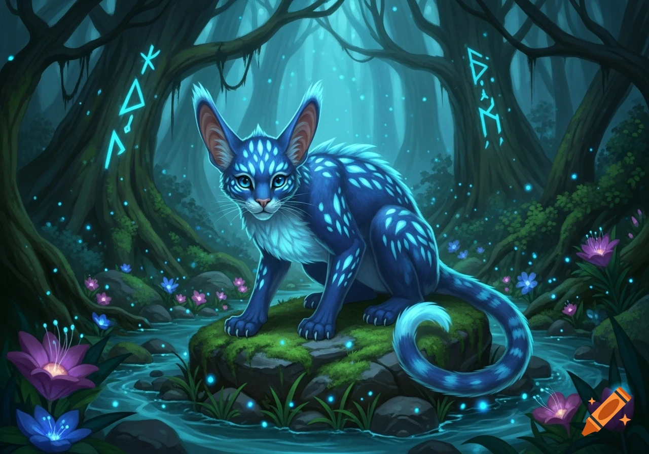 A blue, spotted fantasy cat with large ears sits on a mossy rock in a glowing, mystical forest with magical symbols on trees.