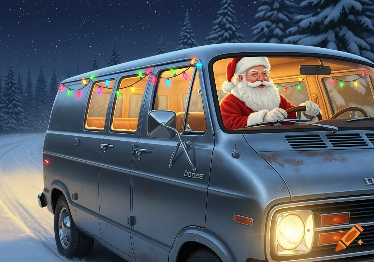 Santa Claus smiles while driving a silver vintage Dodge van decorated with colorful Christmas lights through a snowy forest at night.