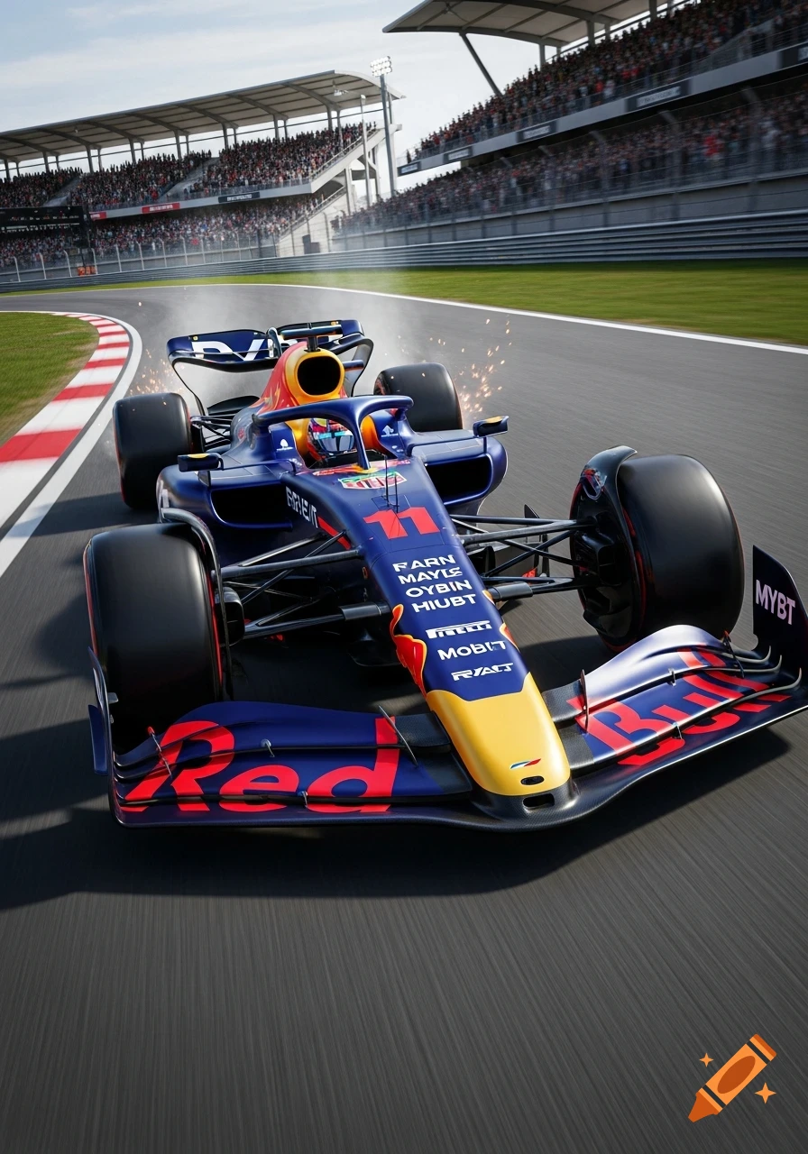 A photorealistic image of a blue and red Formula 1 car with the number 71 speeding on a race track with grandstands in the background.