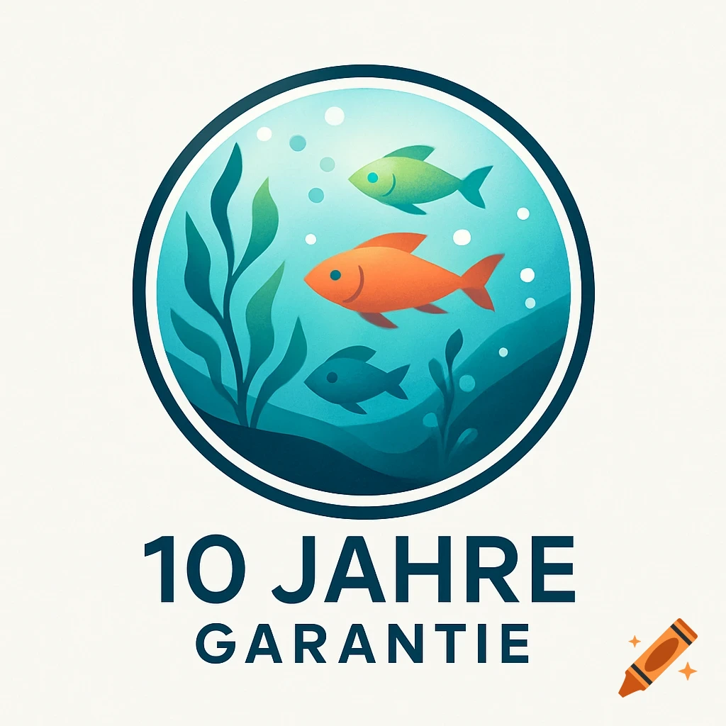 A flat design logo with a circular frame showing an orange, green, and blue fish swimming among seaweed. Below, the text reads "10 JAHRE GARANTIE".