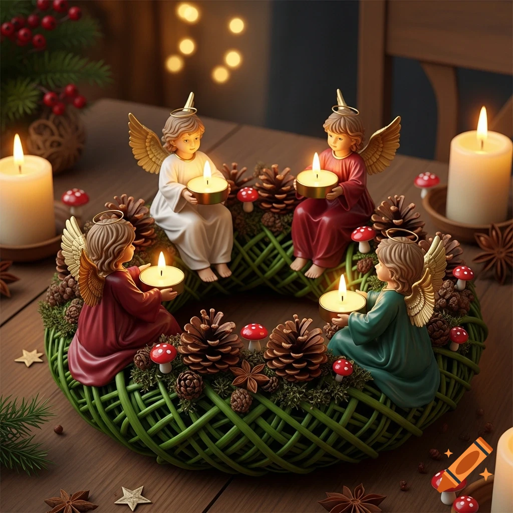 A festive Advent wreath with four angel figurines holding lit candles, surrounded by pinecones and red mushrooms on a wooden table.