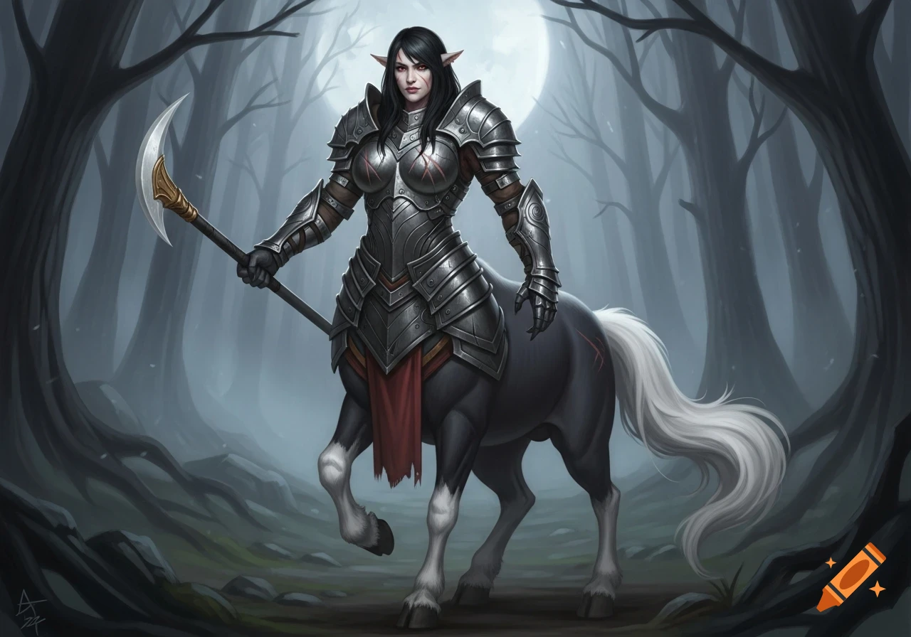 A female centaur knight with dark hair and elven ears wears plate armor, holding a scythe in a misty, dark forest under a full moon.
