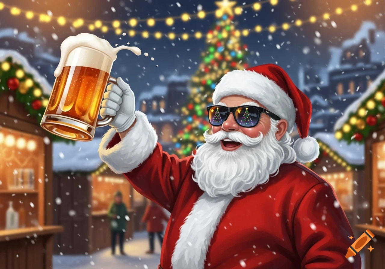 A festive Santa Claus in sunglasses holds a frothy beer mug aloft at a snowy outdoor Christmas market, under string lights.