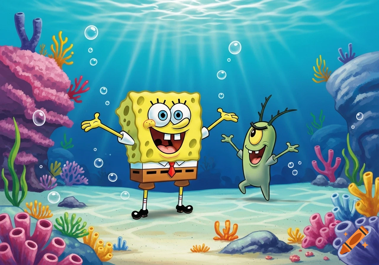 Spongebob Squarepants and Plankton smiling underwater amidst colorful coral and sea bubbles, in a vibrant cartoon style.