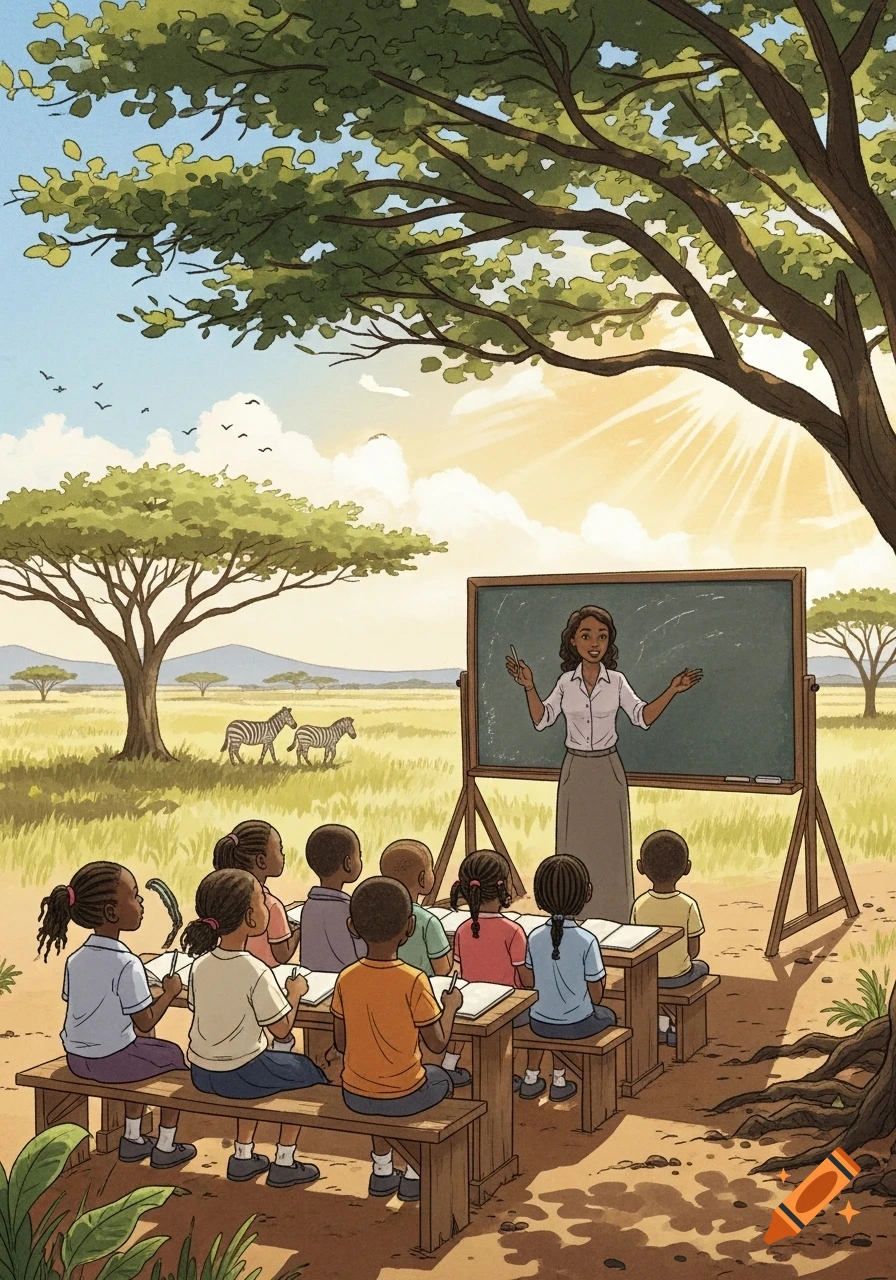 An illustration of a teacher instructing children at desks under a tree in an outdoor classroom, with zebras in a savanna in the background.