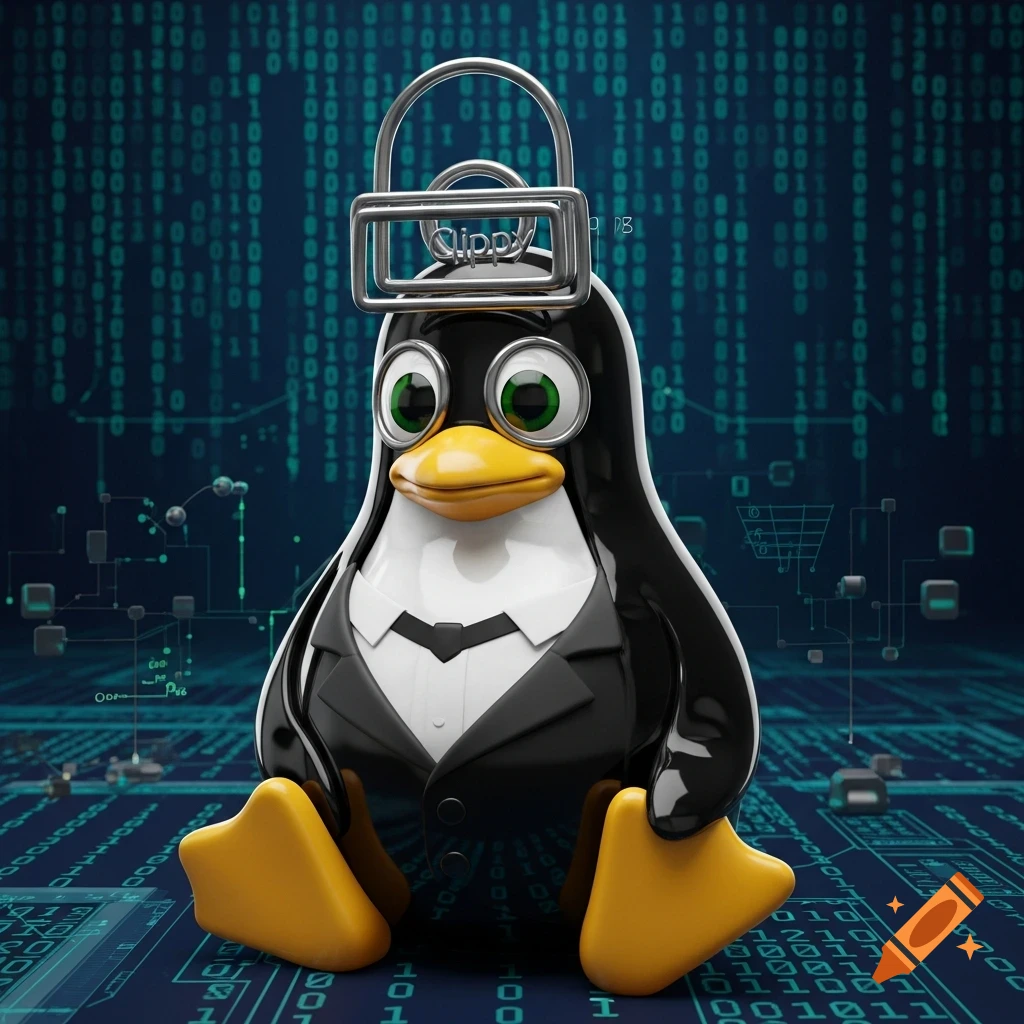 A cartoon black and white penguin (Tux) in a suit with a metallic paperclip (Clippy) on its head, sitting against a blue binary code background.