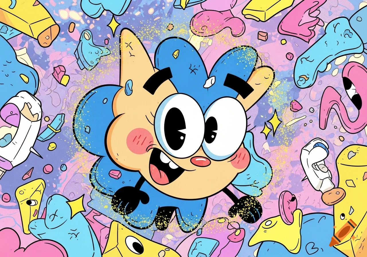 A vibrant, energetic cartoon character with blue fur, a tan face, and large eyes smiles amidst floating colorful abstract shapes and glitter.